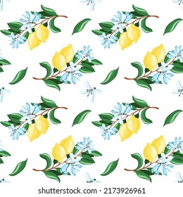 Tropical seamless pattern with yellow lemons on the blue background. Fruit repeated background. Vector bright print for fabric or wallpaper. Vector illustration