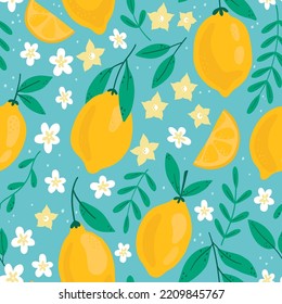 Tropical seamless pattern with yellow lemons on blue background. Trendy hand drawn textures. Fruit seamless pattern. Design for paper, cover, fabric, kitchen decor, bed linen