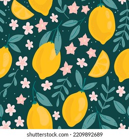Tropical seamless pattern with yellow lemons on dark background. Trendy hand drawn textures. Fruit seamless pattern. Design for paper, cover, fabric, kitchen decor, bed linen