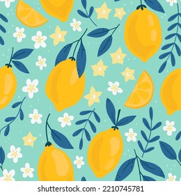 Patrón tropical sin costuras con limones amarillos sobre fondo azul. Texturas dibujadas a mano de moda. Patrón de fruta sin fisuras. Diseño de papel, cubierta, tela, decoración de cocina, ropa de cama