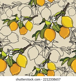 Tropical seamless pattern with yellow lemons. Fruit repeated background. Vector bright print for fabric or wallpaper. Beige background