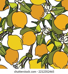 Tropical seamless pattern with yellow lemons. Fruit repeated background. Vector bright print for fabric or wallpaper.