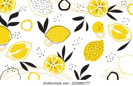 Tropical seamless pattern with yellow lemons and lemon slices. Hand drawn lemons pattern on white background. Fruit repeated background. Vector bright print for fabric, wallpaper, design, party paper.