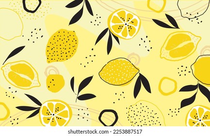 Tropical seamless pattern with yellow lemons and lemon slices. Hand drawn lemons pattern on white background. Fruit repeated background. Vector bright print for fabric, wallpaper, design, party paper.