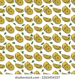 Tropical seamless pattern with yellow lemons and lemon slices hand draw illustration vector