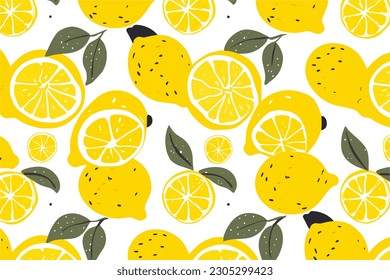 Tropical seamless pattern with yellow lemons. Fruit repeated background vector illustration