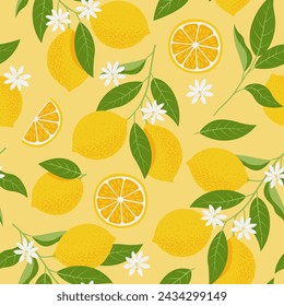 Tropical seamless pattern with yellow lemons. Citrus Fruit background. Vector Illustration in flat style for print fabric or wallpaper