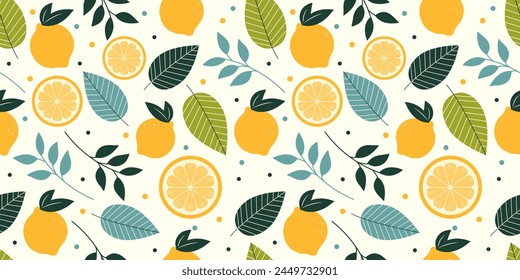 Tropisches nahtloses Muster mit gelben Zitronen, Blätter isoliert auf cremefarbenem Hintergrund. Frucht Sommer Hintergrund. Vektorgrafik heller moderner abstrakter Druck für Papier, Bezug, Stoff