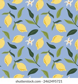 Tropical seamless pattern with yellow lemons. Cute fruit summer background. Bright modern print for paper, cover.