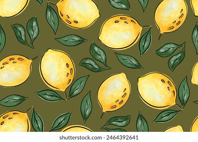 Patrón tropical sin costuras con limones amarillos. Fondo repetido. Estampado de Vector para tela o Fondo de pantalla.