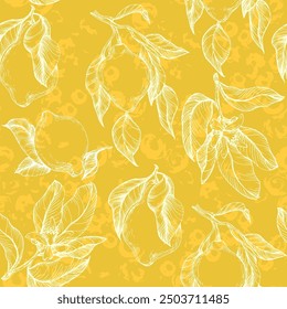 Tropical seamless pattern with yellow lemons. Hand-painted fruit lemon seamless pattern with colorful blooms, bright floral background. Botanical wallpaper. Fruit repeated background. 