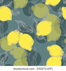 Tropical seamless pattern with yellow lemons. Hand-painted fruit lemon seamless pattern with colorful blooms, bright floral background. Botanical wallpaper. Fruit repeated background. 
