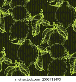 Tropical seamless pattern with yellow lemons. Hand-painted fruit lemon seamless pattern with colorful blooms, bright floral background. Botanical wallpaper. Fruit repeated background. 