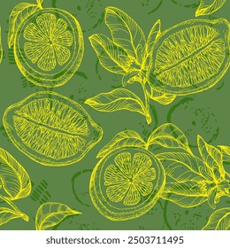 Tropical seamless pattern with yellow lemons. Hand-painted fruit lemon seamless pattern with colorful blooms, bright floral background. Botanical wallpaper. Fruit repeated background. 