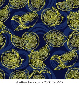 Tropical seamless pattern with yellow lemons. Hand-painted fruit lemon seamless pattern with colorful blooms, bright floral background. Botanical wallpaper. Fruit repeated background. 