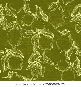 Tropical seamless pattern with yellow lemons. Hand-painted fruit lemon seamless pattern with colorful blooms, bright floral background. Botanical wallpaper. Fruit repeated background. 