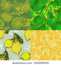 Tropical seamless pattern with yellow lemons. Hand-painted fruit lemon seamless pattern with colorful blooms, bright floral background. Botanical wallpaper. Fruit repeated background. 