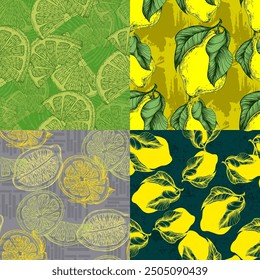 Tropical seamless pattern with yellow lemons. Hand-painted fruit lemon seamless pattern with colorful blooms, bright floral background. Botanical wallpaper. Fruit repeated background. 