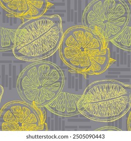 Tropical seamless pattern with yellow lemons. Hand-painted fruit lemon seamless pattern with colorful blooms, bright floral background. Botanical wallpaper. Fruit repeated background. 
