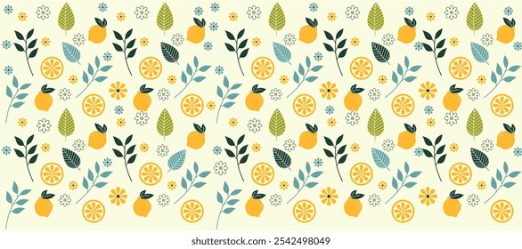 Patrón tropical sin fisuras con limones amarillos, hojas y flores aisladas sobre fondo crema. Fondo de verano de frutas. Impresión abstracta moderna brillante del Vector para el papel, cubierta, tela