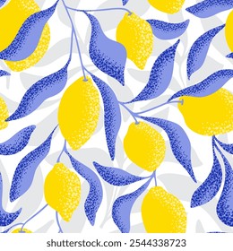 Tropical seamless pattern with yellow lemons. Fruit  background. Modern print for textile, fabric, wallpaper, wrapping and packaging