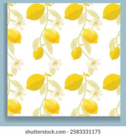 Tropical seamless pattern with yellow lemons. Fruit repeated background. Vector bright print for fabric or wallpaper.
