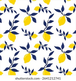 Tropical seamless pattern with yellow lemons. Fruit repeated background. Vector bright print for fabric or wallpaper.