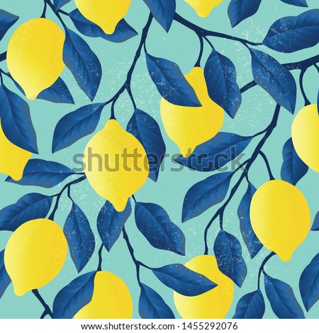 Tropical seamless pattern with yellow lemons. Fruit repeated background. Vector bright print for fabric or wallpaper.