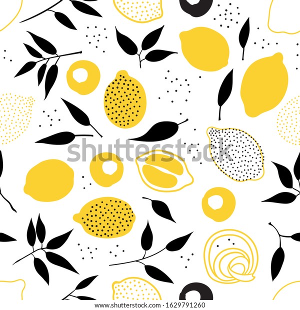 Tropical seamless pattern with yellow lemons and\
lemon slices. Hand drawn lemons pattern on white background. Fruit\
repeated background. Vector bright print for fabric, wallpaper,\
design, party paper.