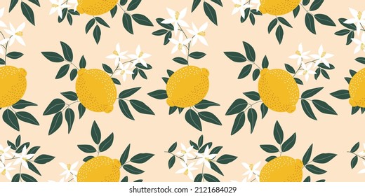 Tropical seamless pattern with yellow lemonson pink background. Fruit repeated background. Vector bright print for fabric or wallpaper.