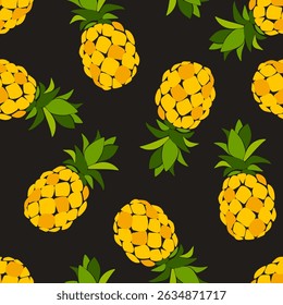 Tropical seamless pattern with yellow pineapples on a brown background. Vector fruit print. Hand-drawn illustration, not AI