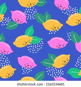 Patrón tropical sin costuras con limones amarillos y rosados aislados en fondo azul. Diseño moderno para textil, papel envolvente, papel tapiz. Colores de verano
