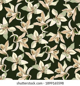 Tropical seamless pattern of yellow vanilla flowers and lilies on a dark background. Vector hand drawn flowers.