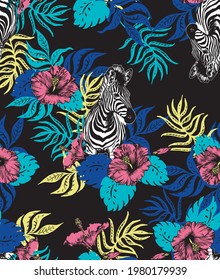 Tropisches nahtloses Muster mit Zebra, Hibiskus-Blumenmustern, Vektorgrafik