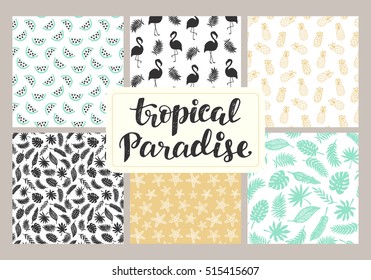 Tropical seamless patterns collection. Set of hawaiian plants, palm leaves, flamingo, pineapples, sea stars hand drawn doodles. Good for wallpaper, invitation cards, textile print. Vector illustration