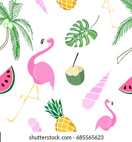 Tropical seamless patterns with flamingos and summer design element. Vector background.  