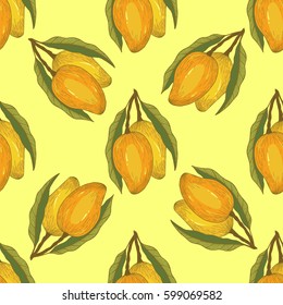 Tropical seamless pattern.Vector mango hand drawn sketch.Tropical background. Vintage style