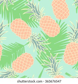 Tropical  seamless pineapple fruit with palm leaves pattern design
