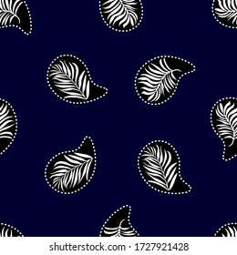Tropical seamless print. Abstract pattern with paisley elements and palm leaves. Man fashion textile collection. White on dark blue background.