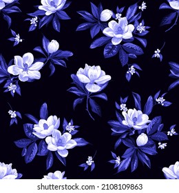 Tropical seamless print with blooming magnolia 