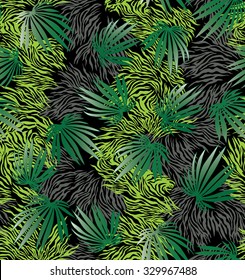 Tropical seamless print  on a background of zebra skin. Vector illustration.