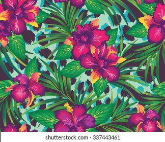 Tropical seamless print with orchids and palm leaves on a background with leopard spots. Vector illustration.