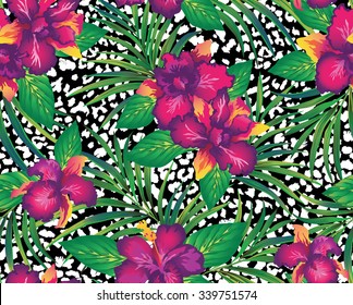Tropical seamless print with orchids and palm leaves on a background with leopard skin imitation. Vector illustration.