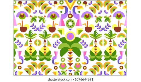 Tropical seamless print pattern, bright trendy summer design with exotic fruit, leaves, birds, colorful vector Illustration