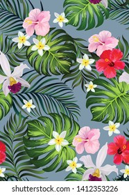 	
Tropical seamless realistic botanical pattern with palm leaves,hibiscus flowers  on the blue background