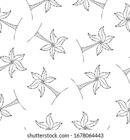 tropical seamless repeat pattern with palm tree silhouette, tropical vector line art surface pattern design  for fabric, backgrounds or wrapping projects, simple exotic illustration