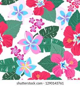 Tropical seamless repeat pattern with red and hot pink hibiscus and frangipani plumeria flowers and green leaves