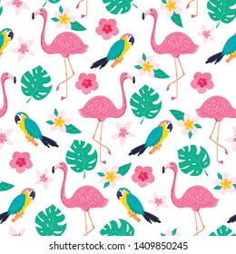 Tropical seamless summer pattern with exotic leaves, flowers, flamingo and parrot. Vector illustration with tropical elements for textile, wallpaper design 