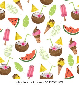 Tropical seamless summer pattern with exotic leaves, flower, coconut cocktail, ice cream and watermelon slices. Vector illustration for background design