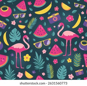 Tropical seamless summer pattern with flamingos, pineapples, cocktails, sunglasses, cameras, and leaves. Bright flat vector on dark background for vacation, beach, and party projects
